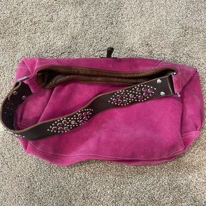 Pink suede and leather Tylie Malibu bag with rhinestones.